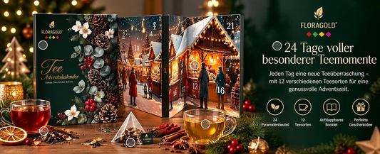 FLORAGOLD® Tee Adventskalender – 24 Pyramidenbeutel mit 12 Teesorten