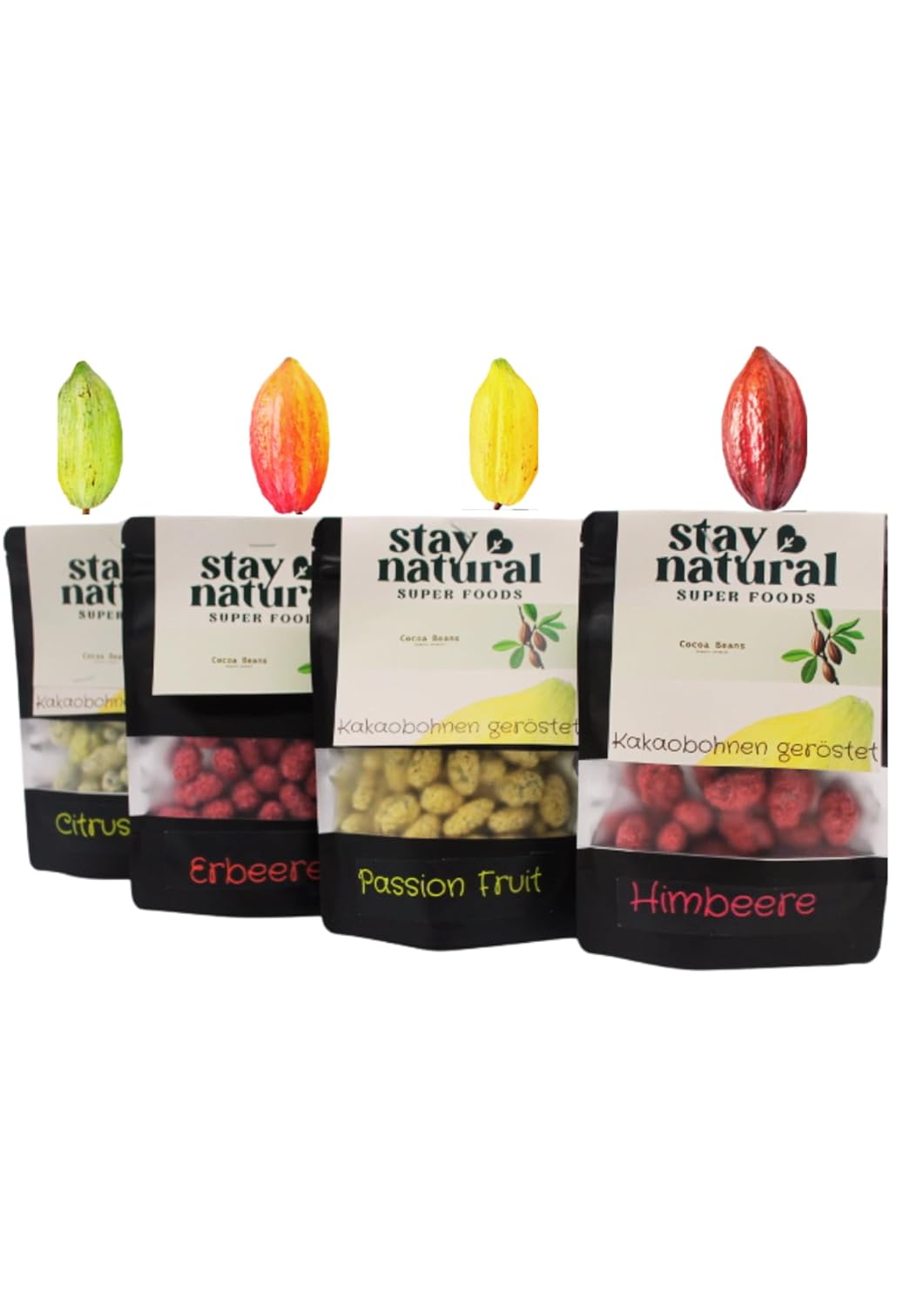 Geröstete & Schokolierte Kakaobohnen – 4 Sorten in Weißer Schokolade (je 100 g)