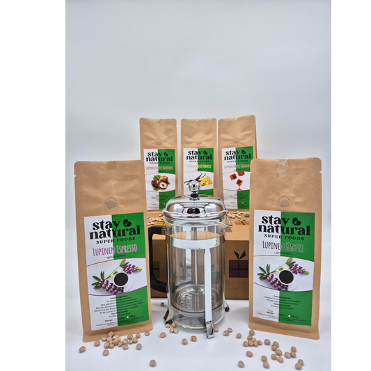 Lupinenkaffee Probierpaket – 5 je 200 g Sorten Kaffee aus Lupinen plus Stempelkanne